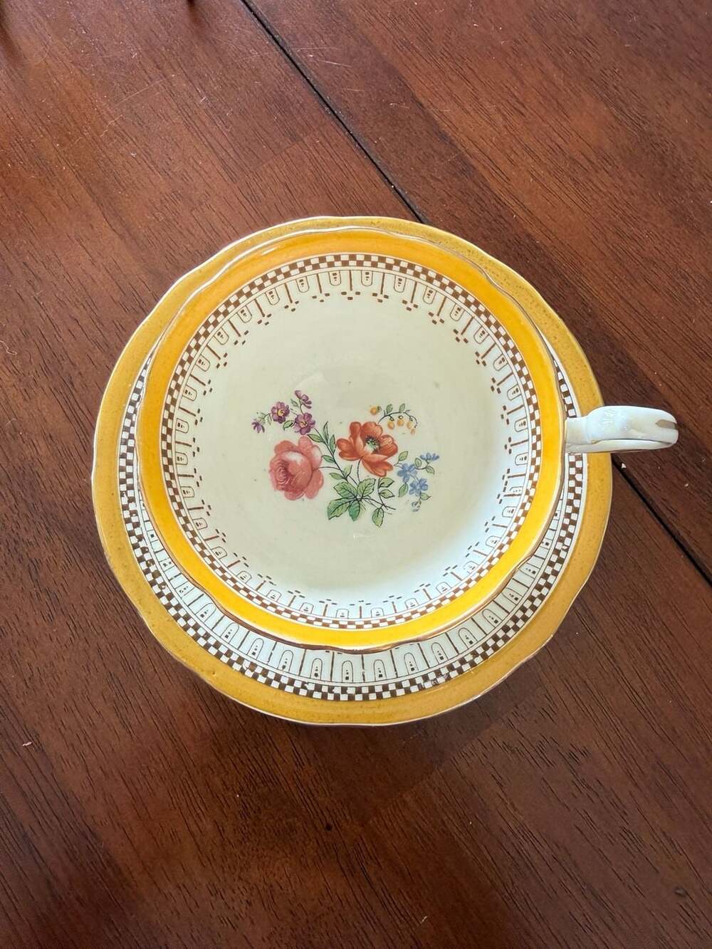 Aynsley Bone China England Yellow Rim Floral Teacup and Saucer